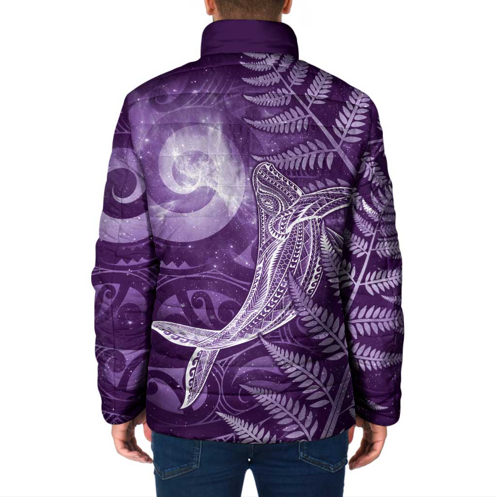 New Zealand Matariki Padded Jacket Maori Koru With Humpback Whale Purple