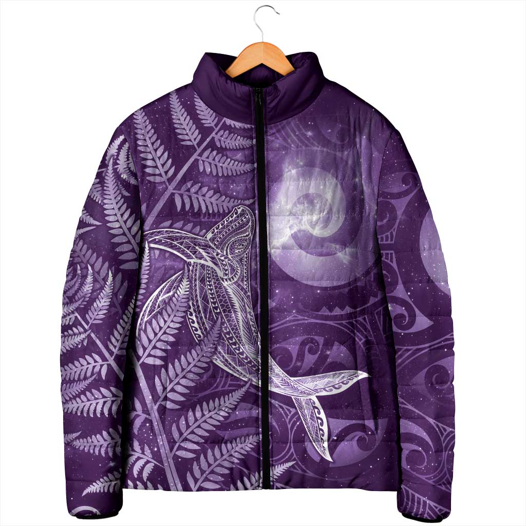 New Zealand Matariki Padded Jacket Maori Koru With Humpback Whale Purple