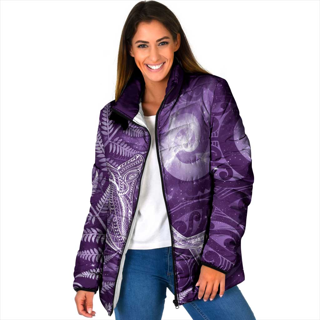 New Zealand Matariki Padded Jacket Maori Koru With Humpback Whale Purple