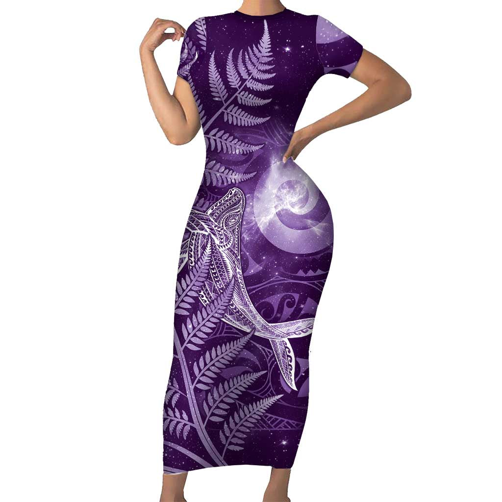 New Zealand Matariki Short Sleeve Bodycon Dress Maori Koru With Humpback Whale Purple LT05 Long Dress Purple - Polynesian Pride