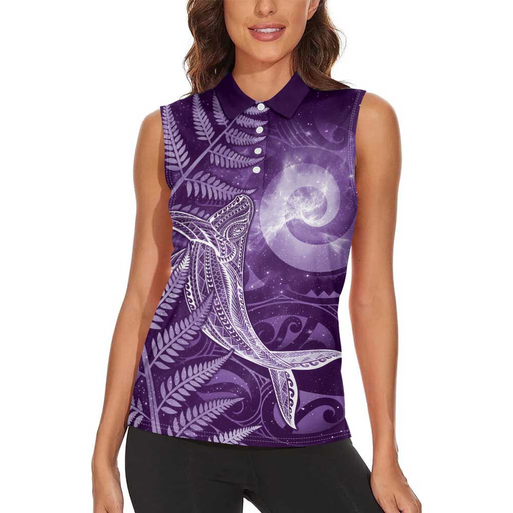 New Zealand Matariki Women Sleeveless Polo Shirt Maori Koru With Humpback Whale Purple