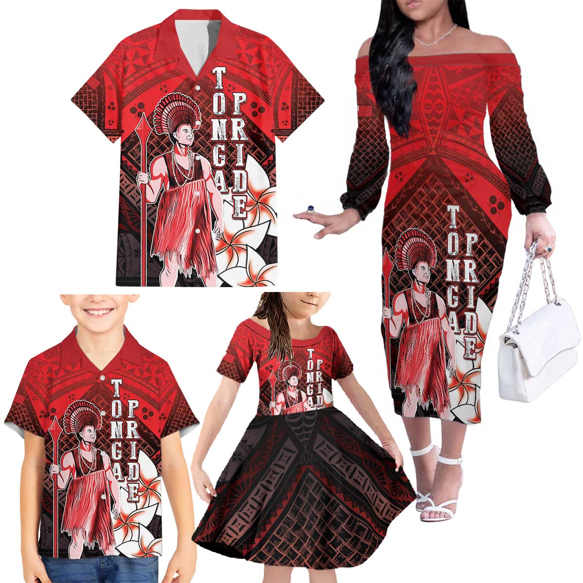 The First King Of Tonga Family Matching Off The Shoulder Long Sleeve Dress and Hawaiian Shirt Tongan Pride