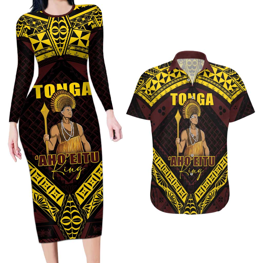 Tonga First King Couples Matching Long Sleeve Bodycon Dress and Hawaiian Shirt Ahoeitu Know Your Roots LT05 Maroon - Polynesian Pride