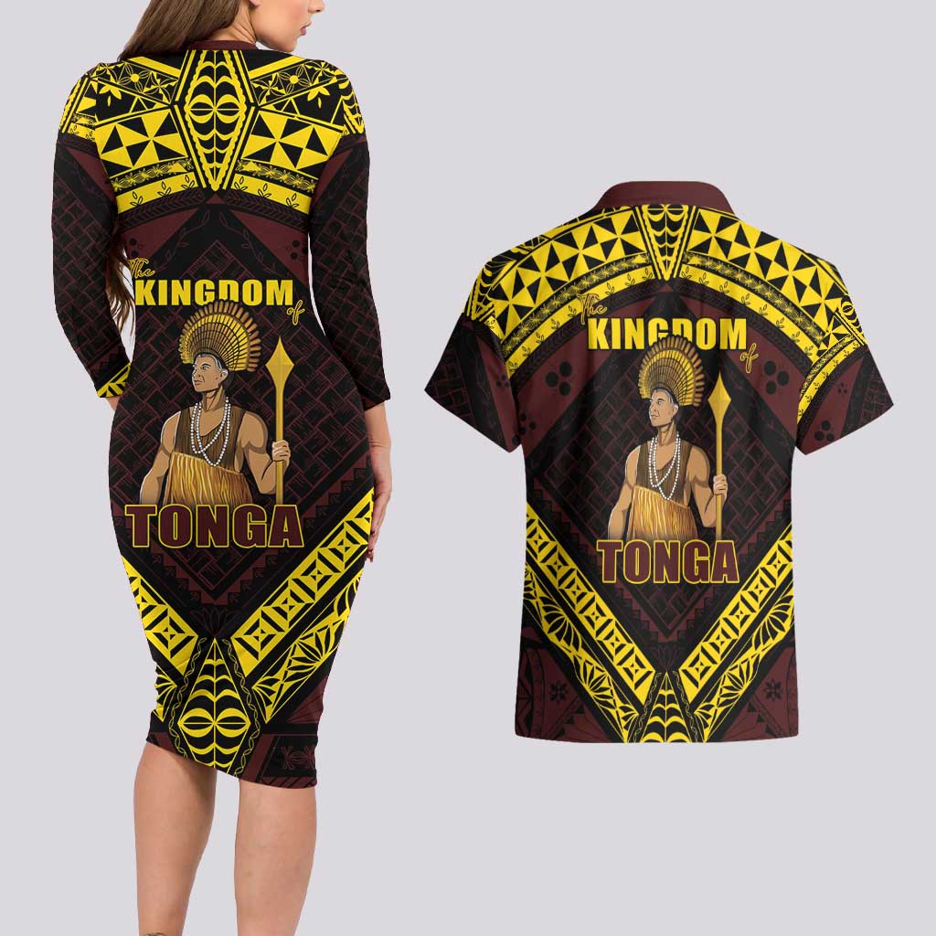 Tonga First King Couples Matching Long Sleeve Bodycon Dress and Hawaiian Shirt Ahoeitu Know Your Roots