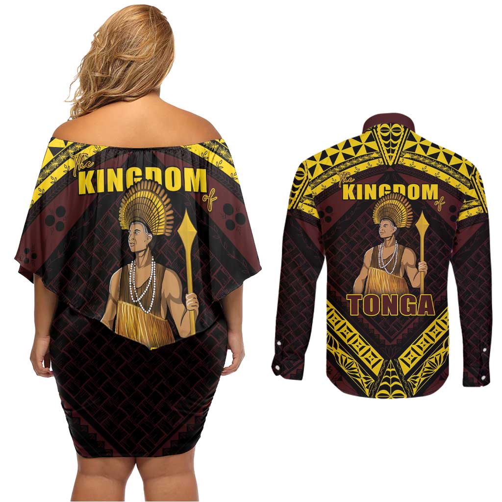 Tonga First King Couples Matching Off Shoulder Short Dress and Long Sleeve Button Shirt Ahoeitu Know Your Roots