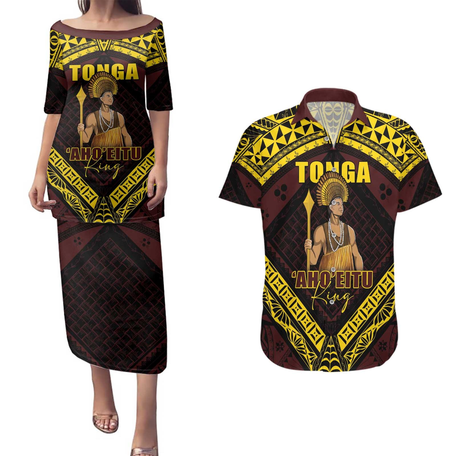 Tonga First King Couples Matching Puletasi and Hawaiian Shirt Ahoeitu Know Your Roots LT05 Maroon - Polynesian Pride