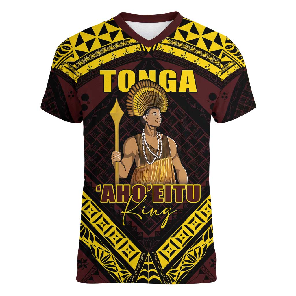 Tonga First King Women V-Neck T-Shirt Ahoeitu Know Your Roots LT05 Female Maroon - Polynesian Pride