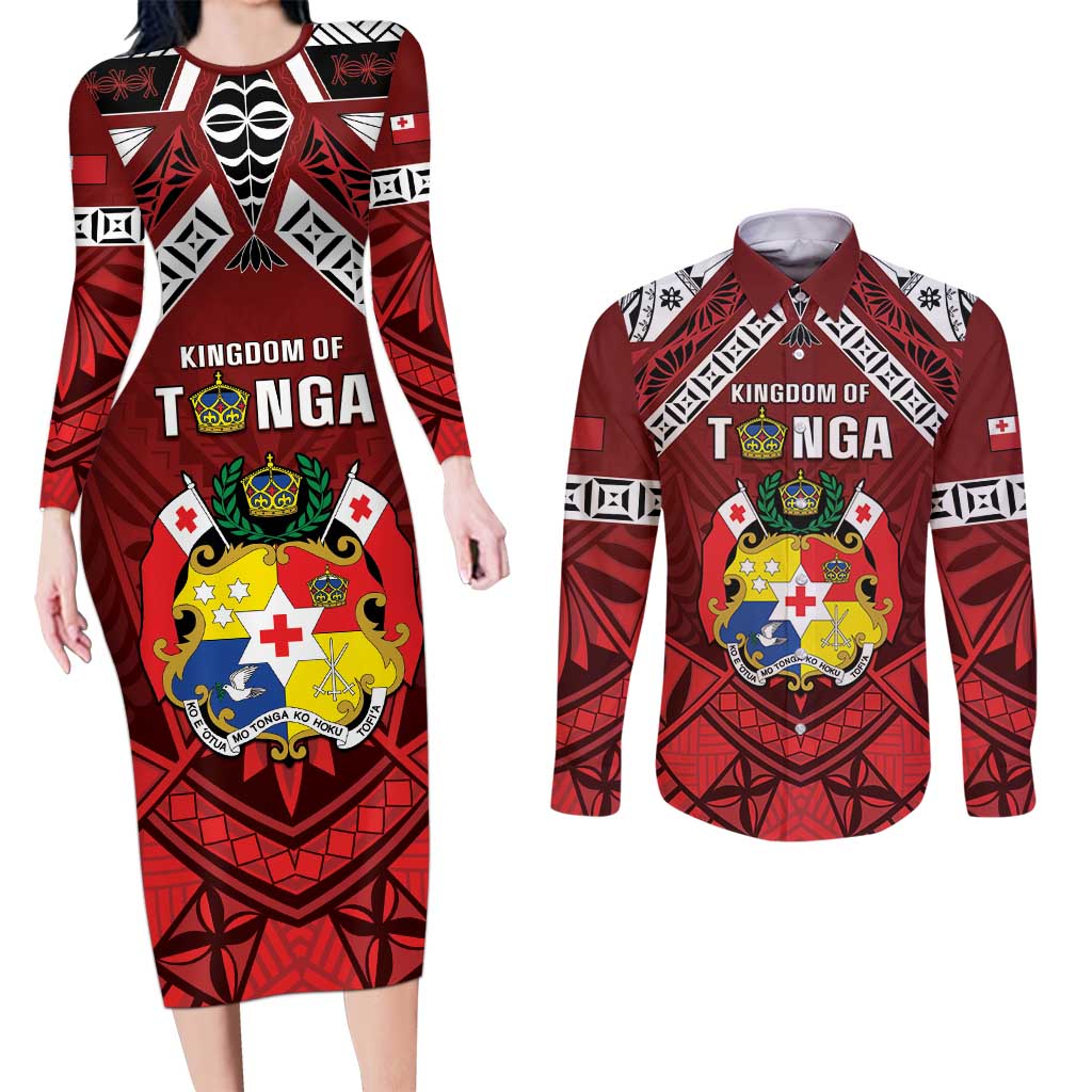 Tonga Emancipation Day Couples Matching Long Sleeve Bodycon Dress and Long Sleeve Button Shirt Tongan Kupesi Pattern