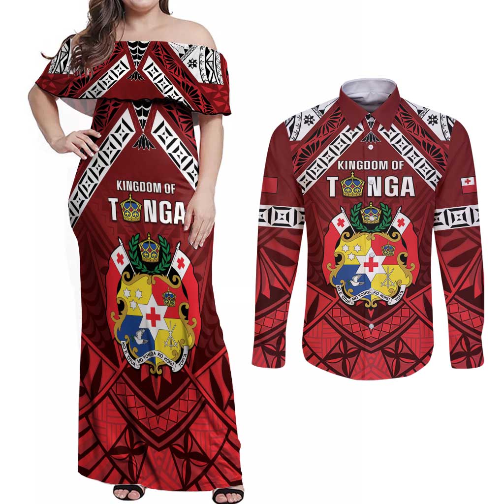 Tonga Emancipation Day Couples Matching Off Shoulder Maxi Dress and Long Sleeve Button Shirt Tongan Kupesi Pattern