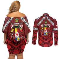 Tonga Emancipation Day Couples Matching Off Shoulder Short Dress and Long Sleeve Button Shirt Tongan Kupesi Pattern