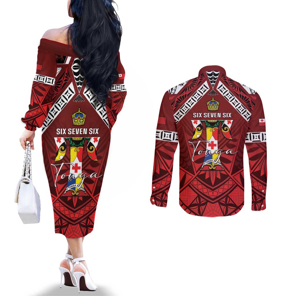 Tonga Emancipation Day Couples Matching Off The Shoulder Long Sleeve Dress and Long Sleeve Button Shirt Tongan Kupesi Pattern