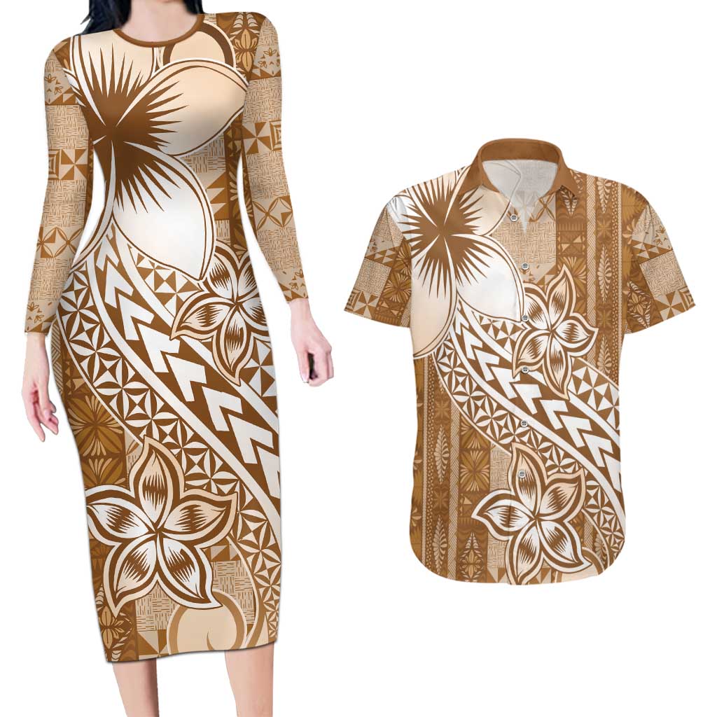 Tonga Kupesi Ngatu Couples Matching Long Sleeve Bodycon Dress and Hawaiian Shirt Vintage Brown Plumeria LT05 Brown - Polynesian Pride