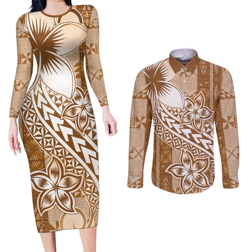 Tonga Kupesi Ngatu Couples Matching Long Sleeve Bodycon Dress and Long Sleeve Button Shirt Vintage Brown Plumeria LT05 Brown - Polynesian Pride