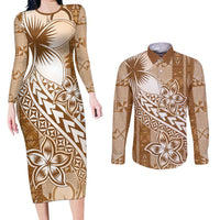 Tonga Kupesi Ngatu Couples Matching Long Sleeve Bodycon Dress and Long Sleeve Button Shirt Vintage Brown Plumeria