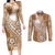 Tonga Kupesi Ngatu Couples Matching Long Sleeve Bodycon Dress and Long Sleeve Button Shirt Vintage Brown Plumeria