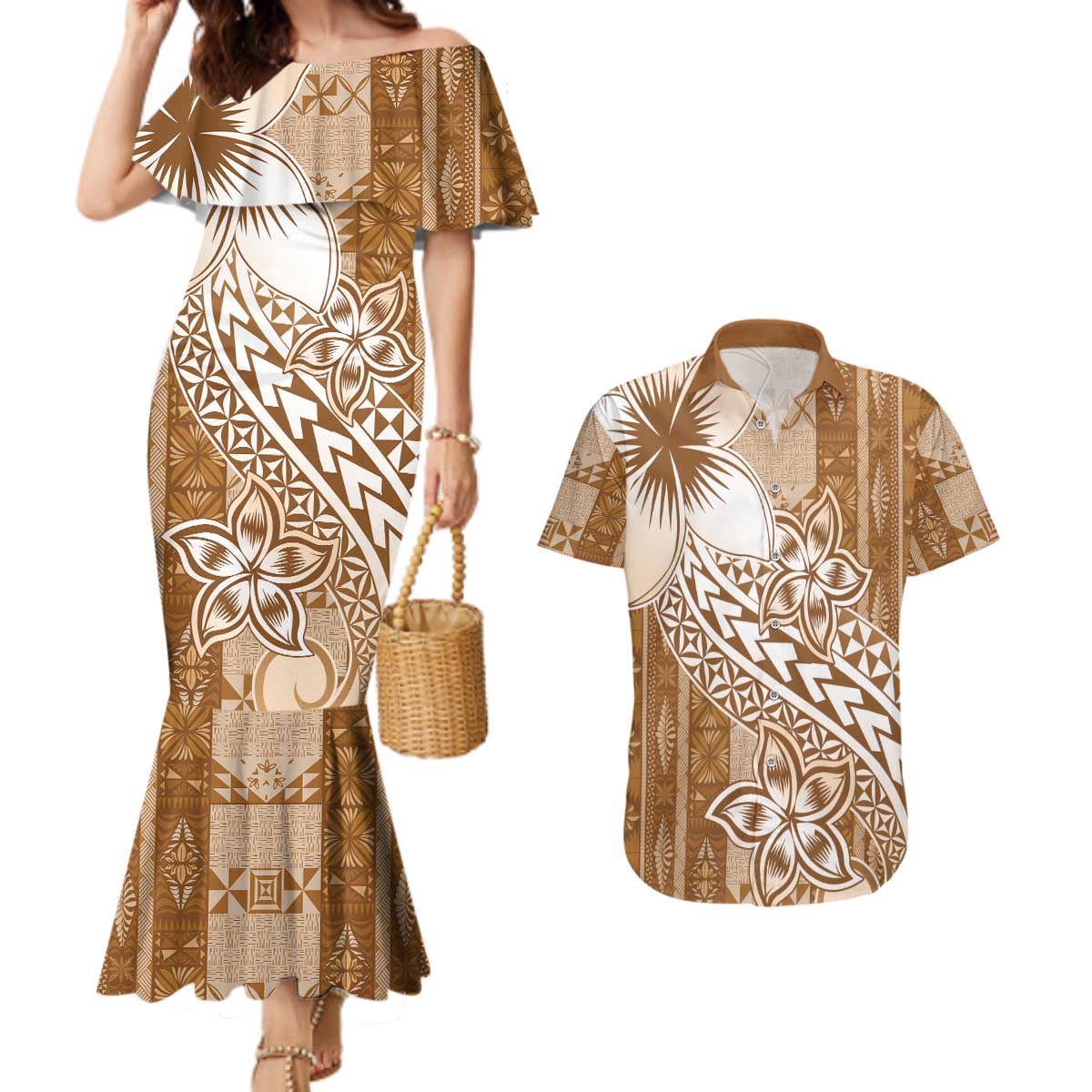 Tonga Kupesi Ngatu Couples Matching Mermaid Dress and Hawaiian Shirt Vintage Brown Plumeria LT05 Brown - Polynesian Pride
