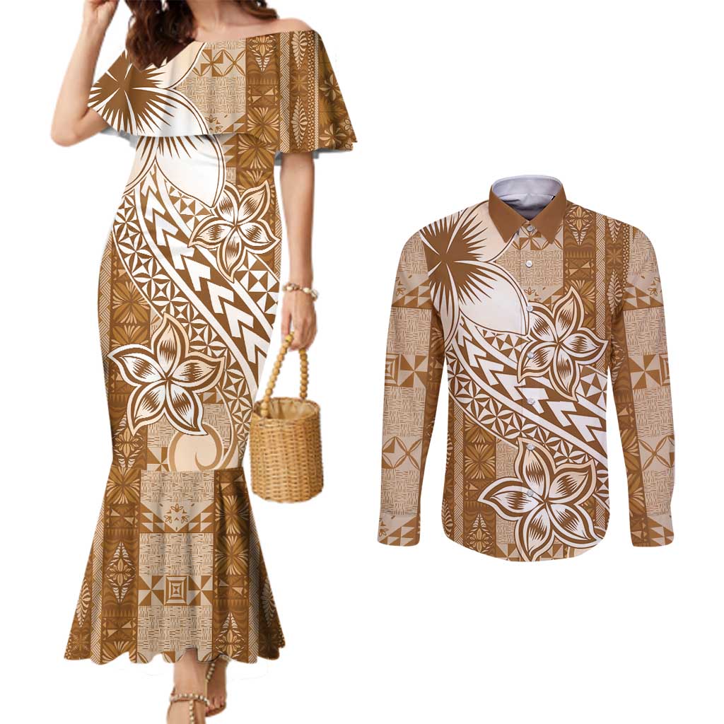 Tonga Kupesi Ngatu Couples Matching Mermaid Dress and Long Sleeve Button Shirt Vintage Brown Plumeria