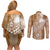 Tonga Kupesi Ngatu Couples Matching Off Shoulder Short Dress and Long Sleeve Button Shirt Vintage Brown Plumeria