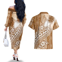 Tonga Kupesi Ngatu Couples Matching Off The Shoulder Long Sleeve Dress and Hawaiian Shirt Vintage Brown Plumeria