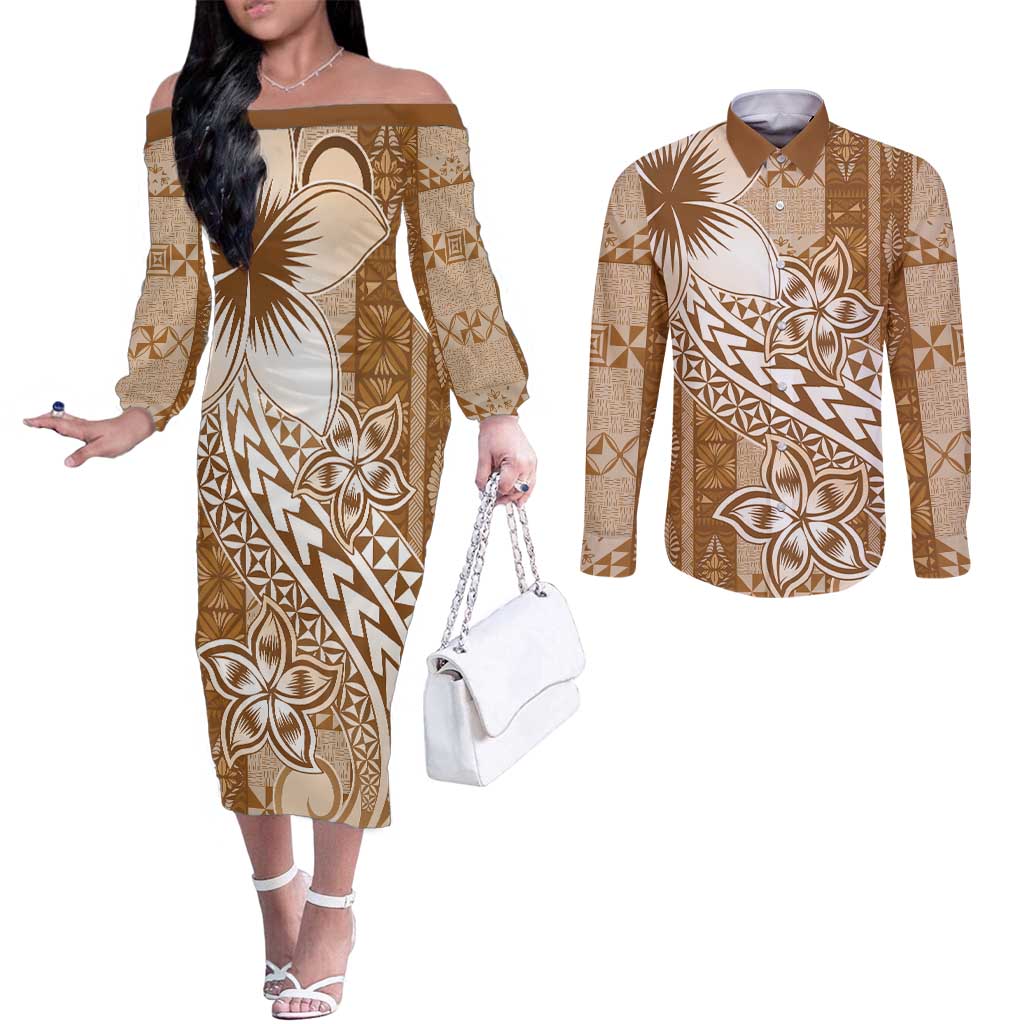 Tonga Kupesi Ngatu Couples Matching Off The Shoulder Long Sleeve Dress and Long Sleeve Button Shirt Vintage Brown Plumeria LT05 Brown - Polynesian Pride