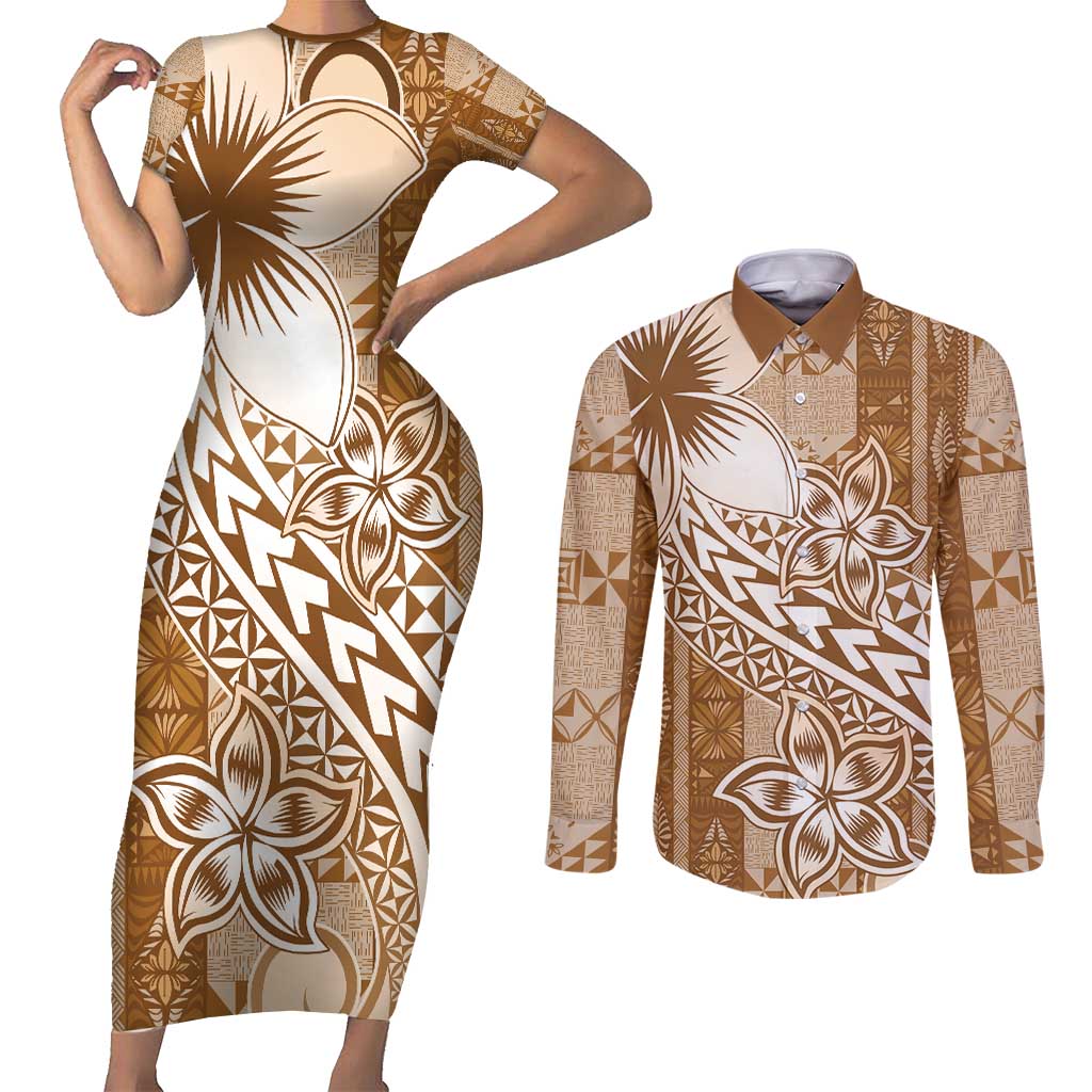 Tonga Kupesi Ngatu Couples Matching Short Sleeve Bodycon Dress and Long Sleeve Button Shirt Vintage Brown Plumeria