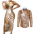 Tonga Kupesi Ngatu Couples Matching Short Sleeve Bodycon Dress and Long Sleeve Button Shirt Vintage Brown Plumeria