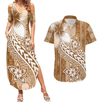 Tonga Kupesi Ngatu Couples Matching Summer Maxi Dress and Hawaiian Shirt Vintage Brown Plumeria