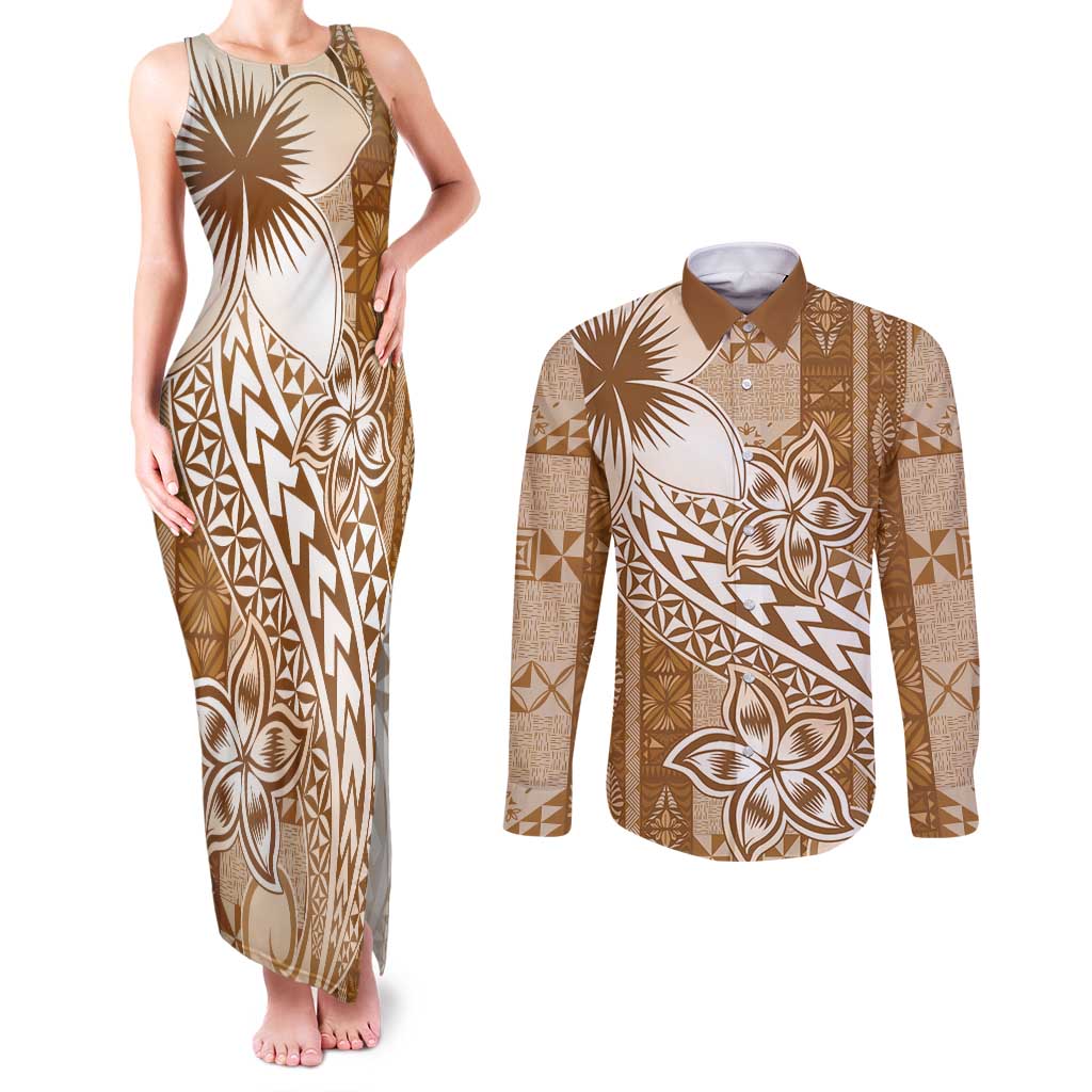 Tonga Kupesi Ngatu Couples Matching Tank Maxi Dress and Long Sleeve Button Shirt Vintage Brown Plumeria