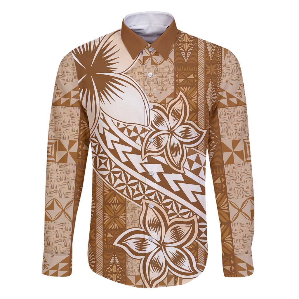 Tonga Kupesi Ngatu Family Matching Long Sleeve Bodycon Dress and Hawaiian Shirt Vintage Brown Plumeria