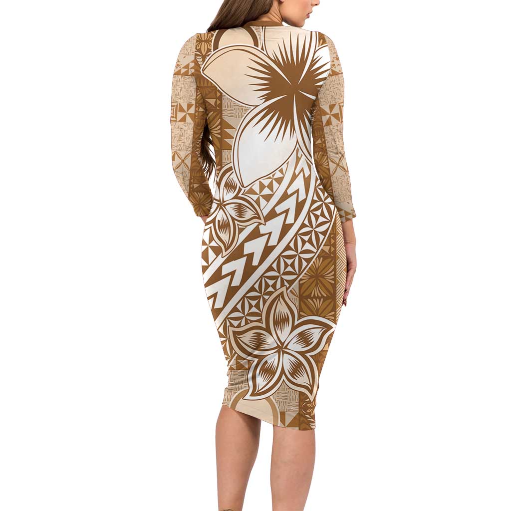 Tonga Kupesi Ngatu Family Matching Long Sleeve Bodycon Dress and Hawaiian Shirt Vintage Brown Plumeria