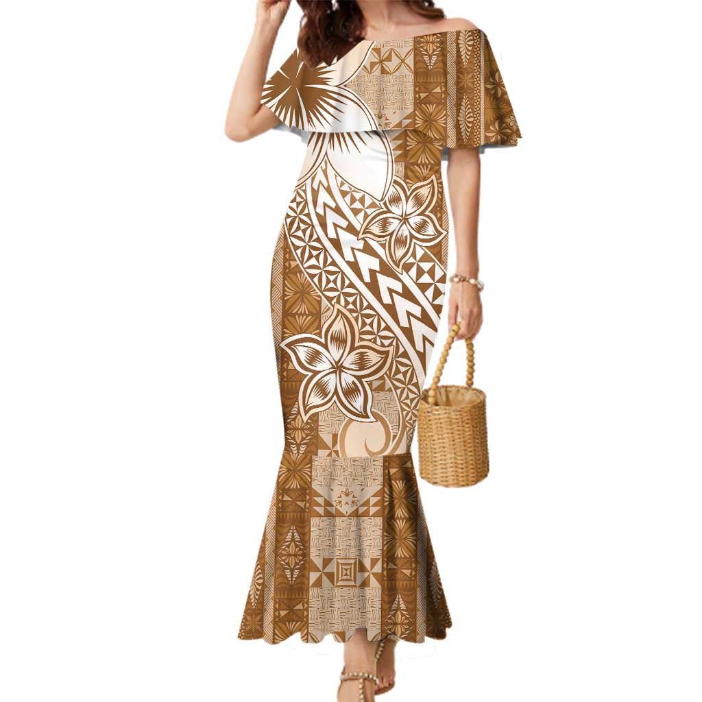 Tonga Kupesi Ngatu Family Matching Mermaid Dress and Hawaiian Shirt Vintage Brown Plumeria