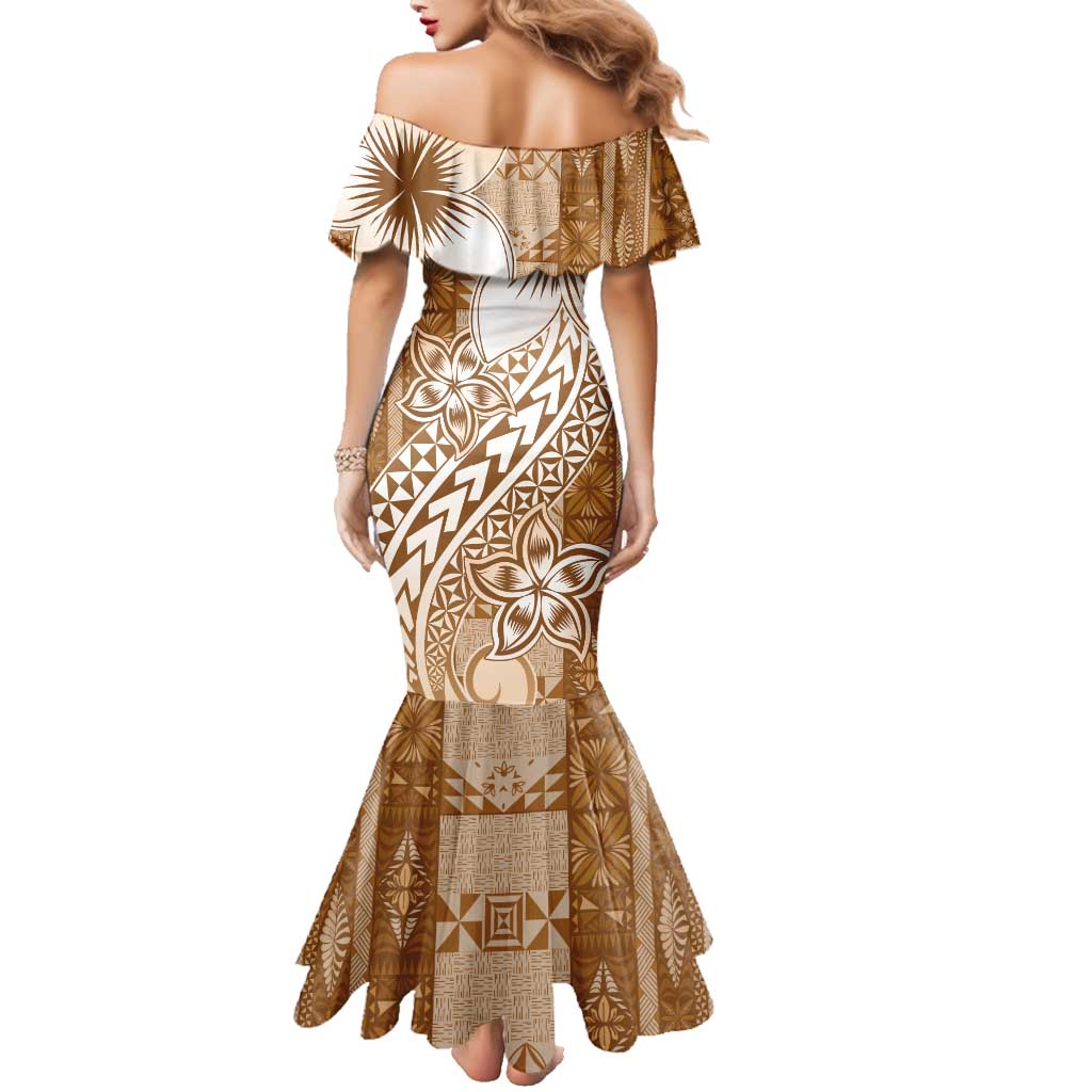 Tonga Kupesi Ngatu Family Matching Mermaid Dress and Hawaiian Shirt Vintage Brown Plumeria