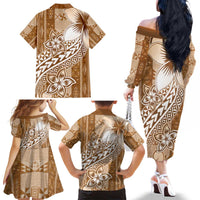 Tonga Kupesi Ngatu Family Matching Off The Shoulder Long Sleeve Dress and Hawaiian Shirt Vintage Brown Plumeria
