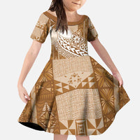 Tonga Kupesi Ngatu Family Matching Off Shoulder Maxi Dress and Hawaiian Shirt Vintage Brown Plumeria