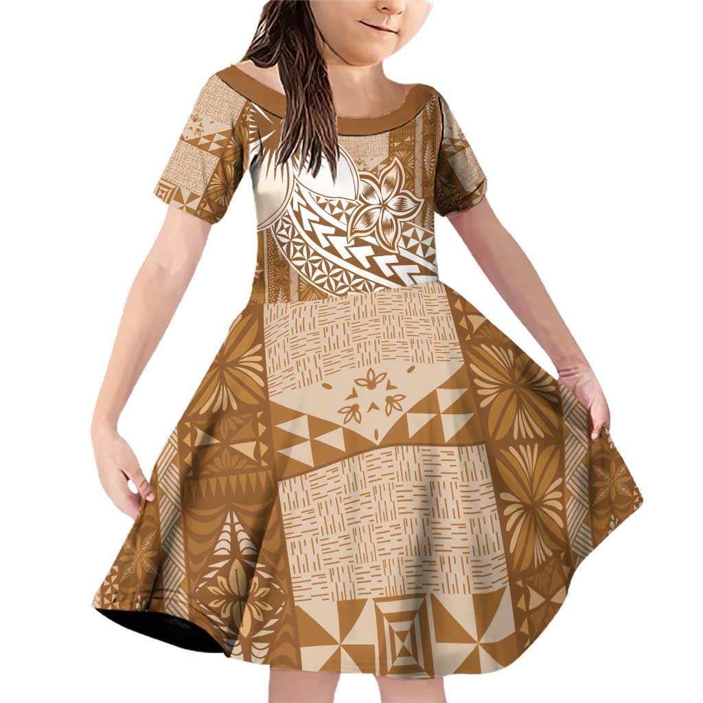 Tonga Kupesi Ngatu Family Matching Off Shoulder Short Dress and Hawaiian Shirt Vintage Brown Plumeria