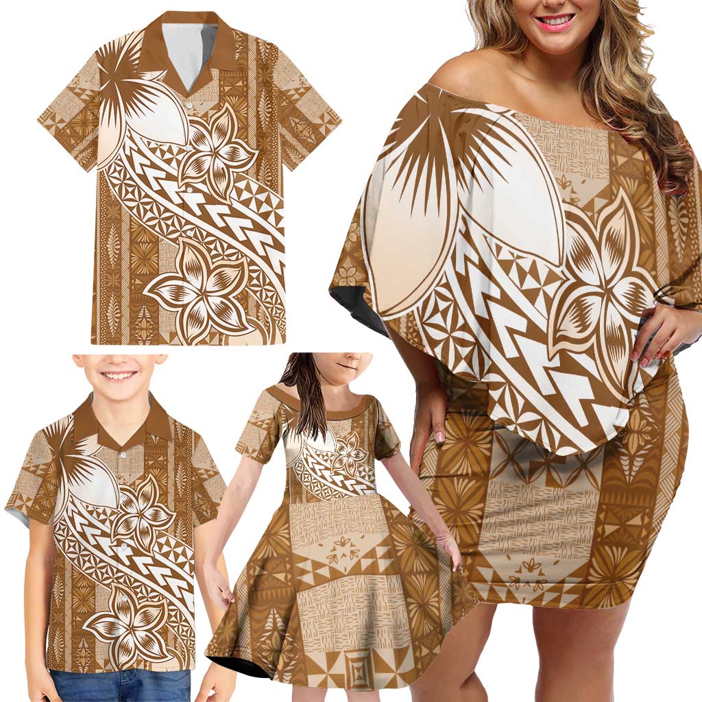 Tonga Kupesi Ngatu Family Matching Off Shoulder Short Dress and Hawaiian Shirt Vintage Brown Plumeria
