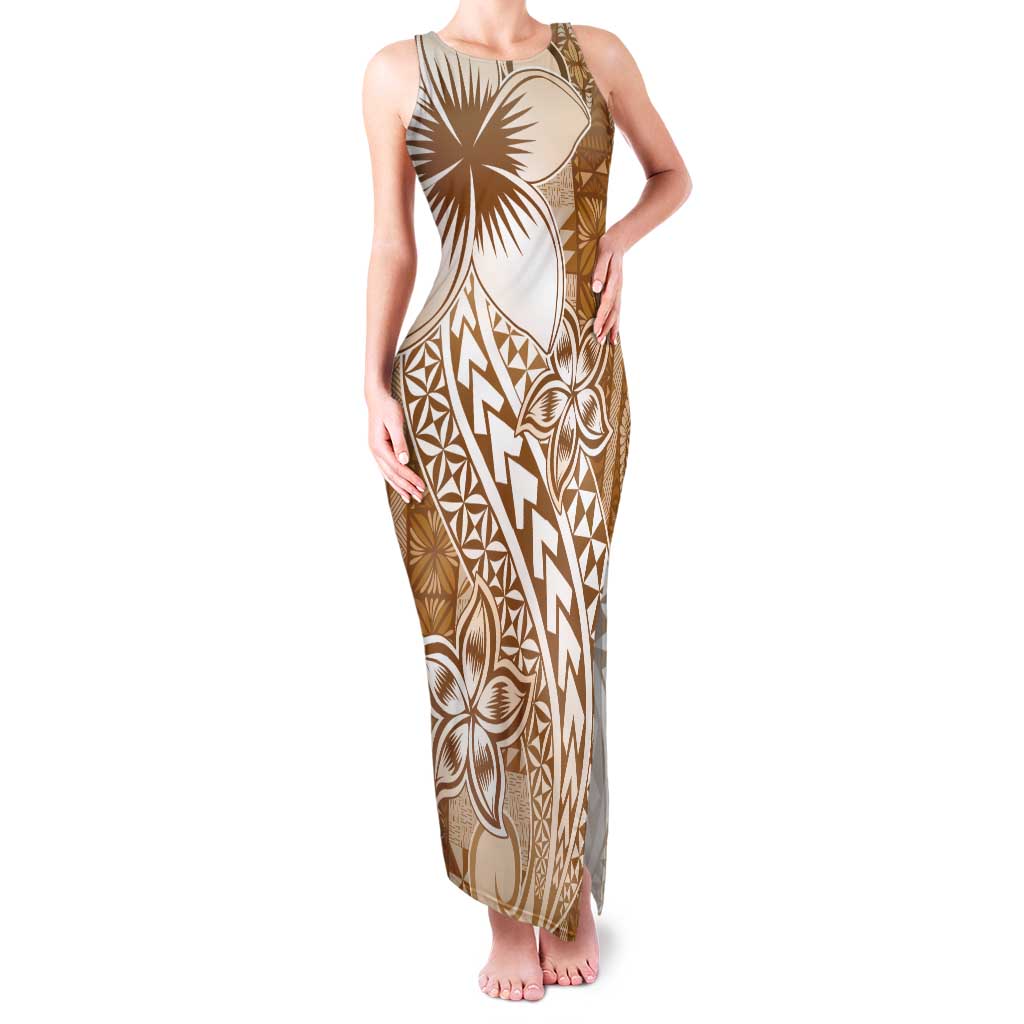 Tonga Kupesi Ngatu Family Matching Tank Maxi Dress and Hawaiian Shirt Vintage Brown Plumeria