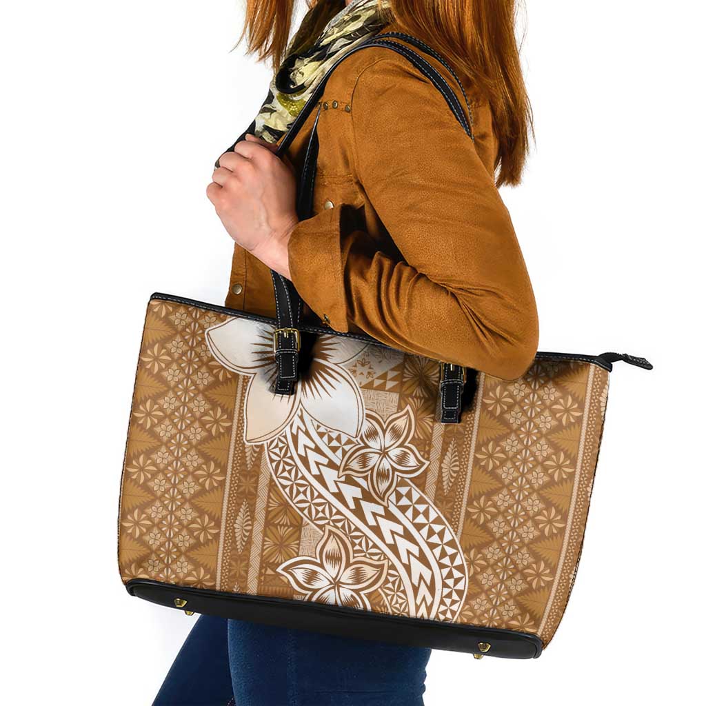 Tonga Kupesi Ngatu Leather Tote Bag Vintage Brown Plumeria LT05 Brown - Polynesian Pride