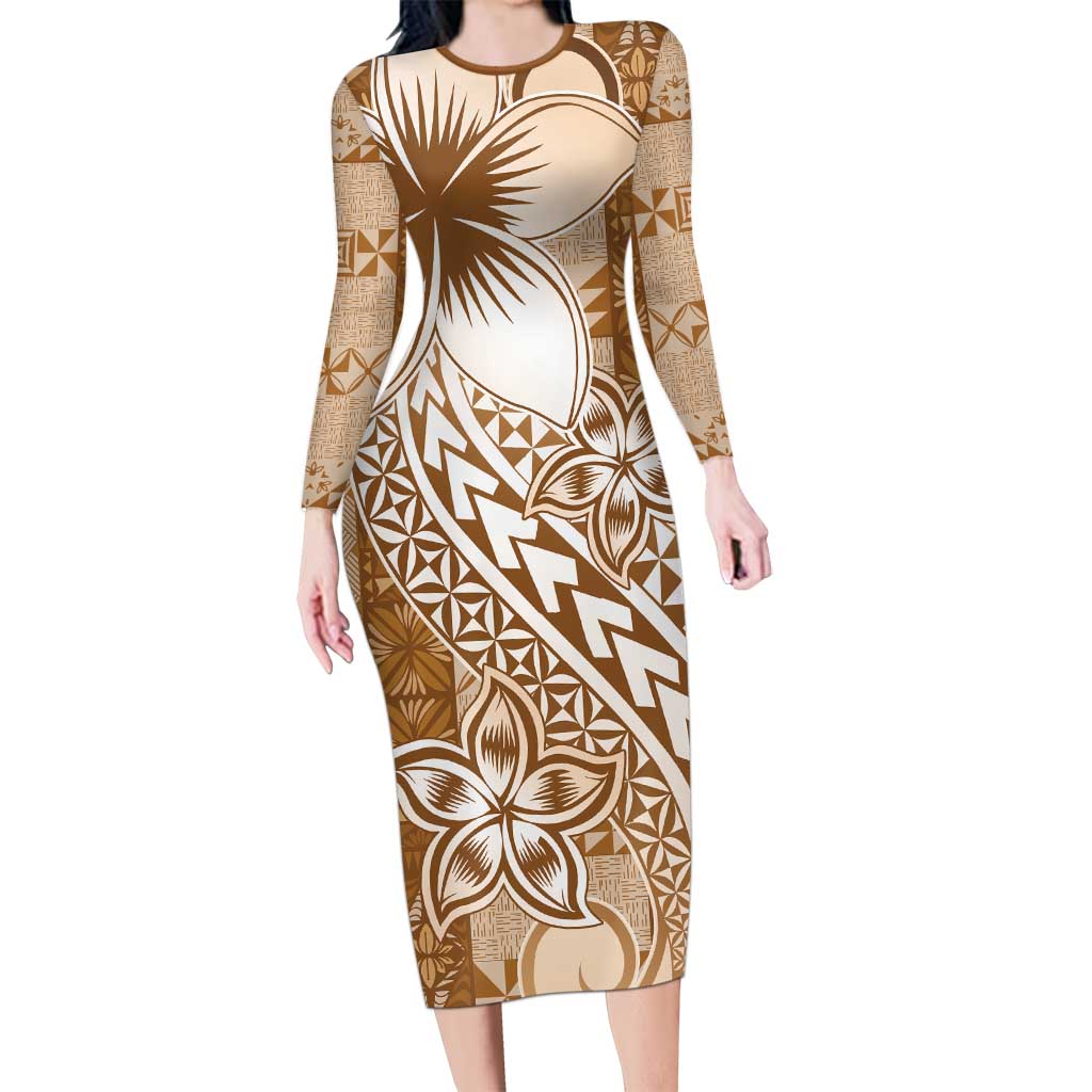 Tonga Kupesi Ngatu Long Sleeve Bodycon Dress Vintage Brown Plumeria