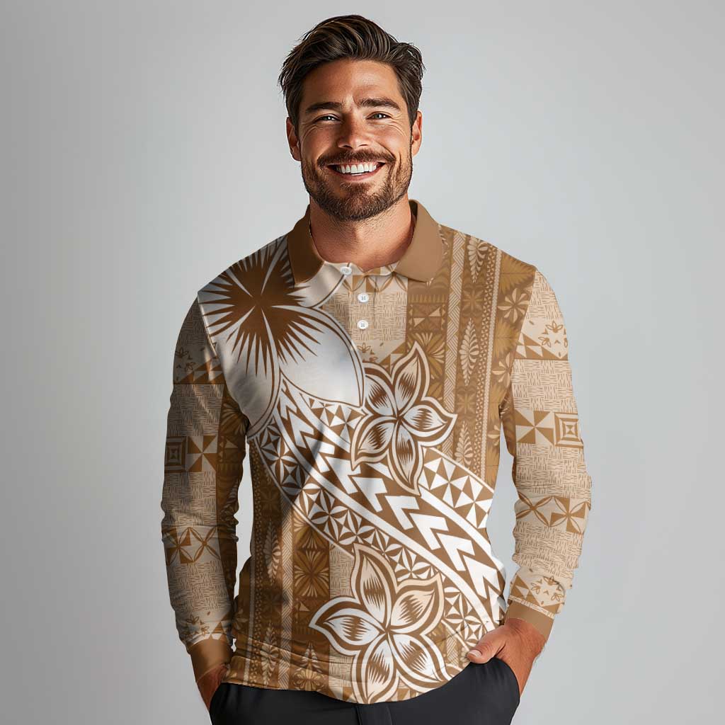 Tonga Kupesi Ngatu Long Sleeve Polo Shirt Vintage Brown Plumeria
