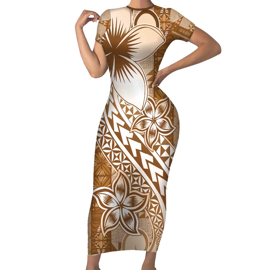 Tonga Kupesi Ngatu Short Sleeve Bodycon Dress Vintage Brown Plumeria