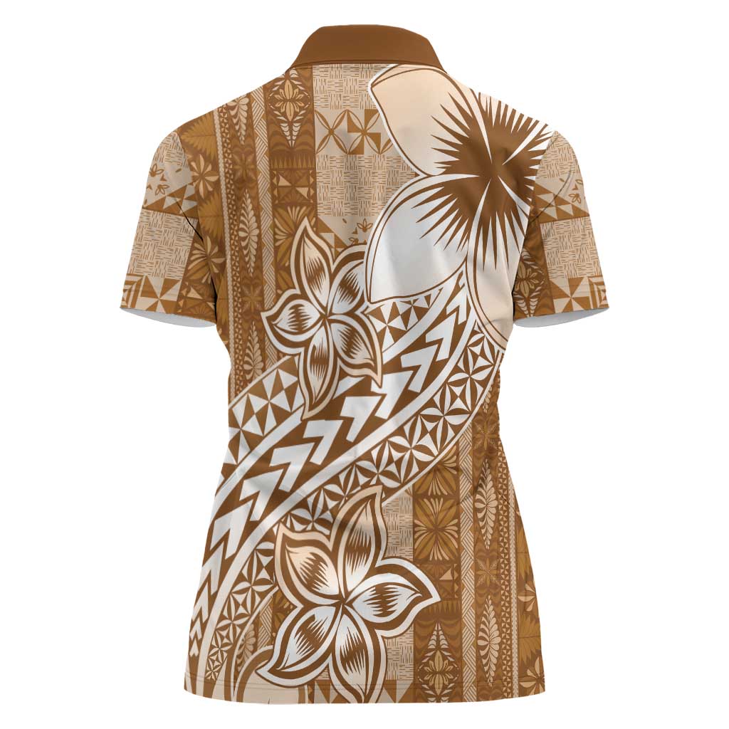 Tonga Kupesi Ngatu Women Polo Shirt Vintage Brown Plumeria