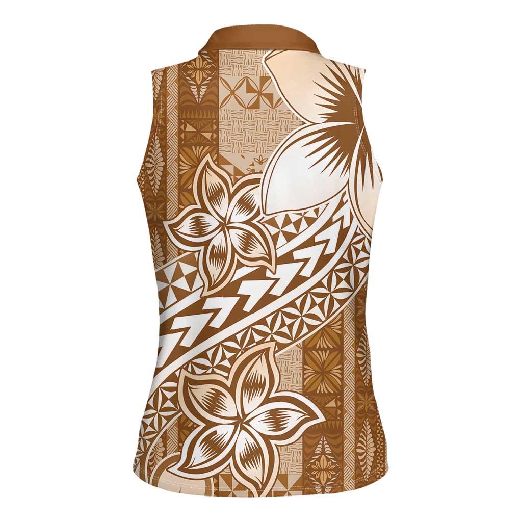 Tonga Kupesi Ngatu Women Sleeveless Polo Shirt Vintage Brown Plumeria LT05 - Polynesian Pride