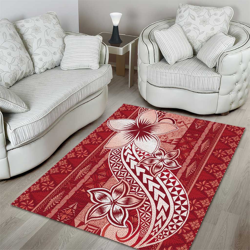 Tonga Kupesi Ngatu Area Rug Vintage Red Plumeria