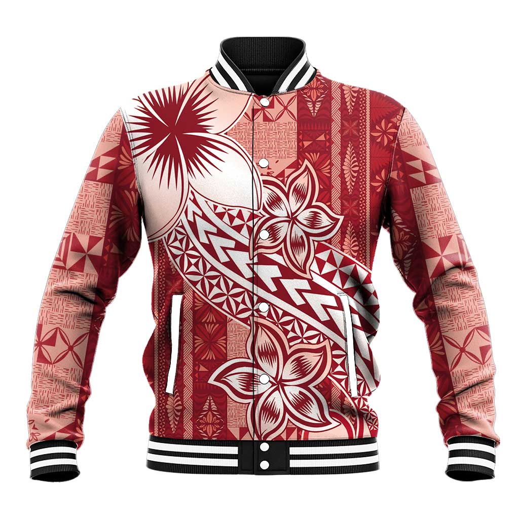 Tonga Kupesi Ngatu Baseball Jacket Vintage Red Plumeria LT05 Unisex Red - Polynesian Pride