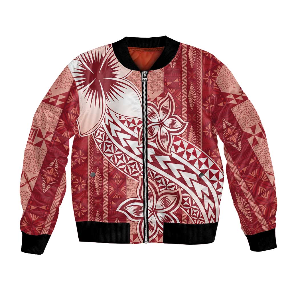 Tonga Kupesi Ngatu Bomber Jacket Vintage Red Plumeria LT05 Unisex Red - Polynesian Pride