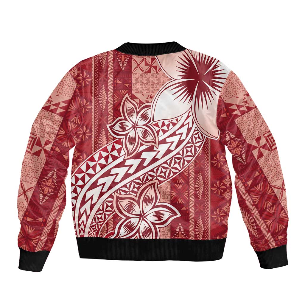 Tonga Kupesi Ngatu Bomber Jacket Vintage Red Plumeria LT05 - Polynesian Pride