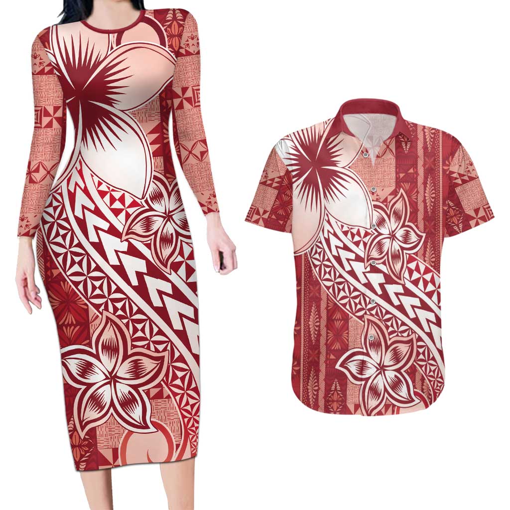 Tonga Kupesi Ngatu Couples Matching Long Sleeve Bodycon Dress and Hawaiian Shirt Vintage Red Plumeria