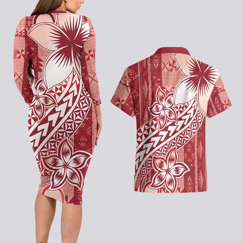 Tonga Kupesi Ngatu Couples Matching Long Sleeve Bodycon Dress and Hawaiian Shirt Vintage Red Plumeria