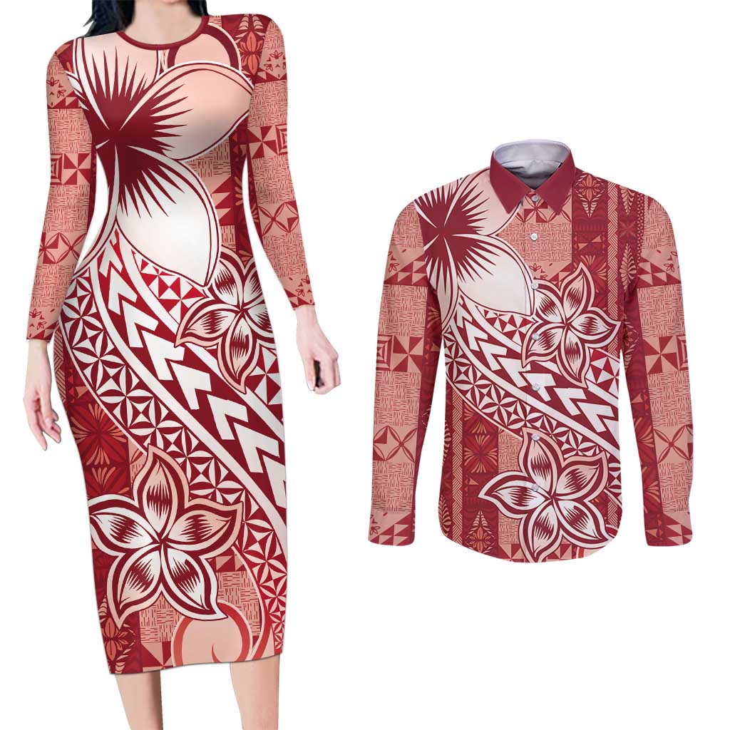 Tonga Kupesi Ngatu Couples Matching Long Sleeve Bodycon Dress and Long Sleeve Button Shirt Vintage Red Plumeria LT05 Red - Polynesian Pride